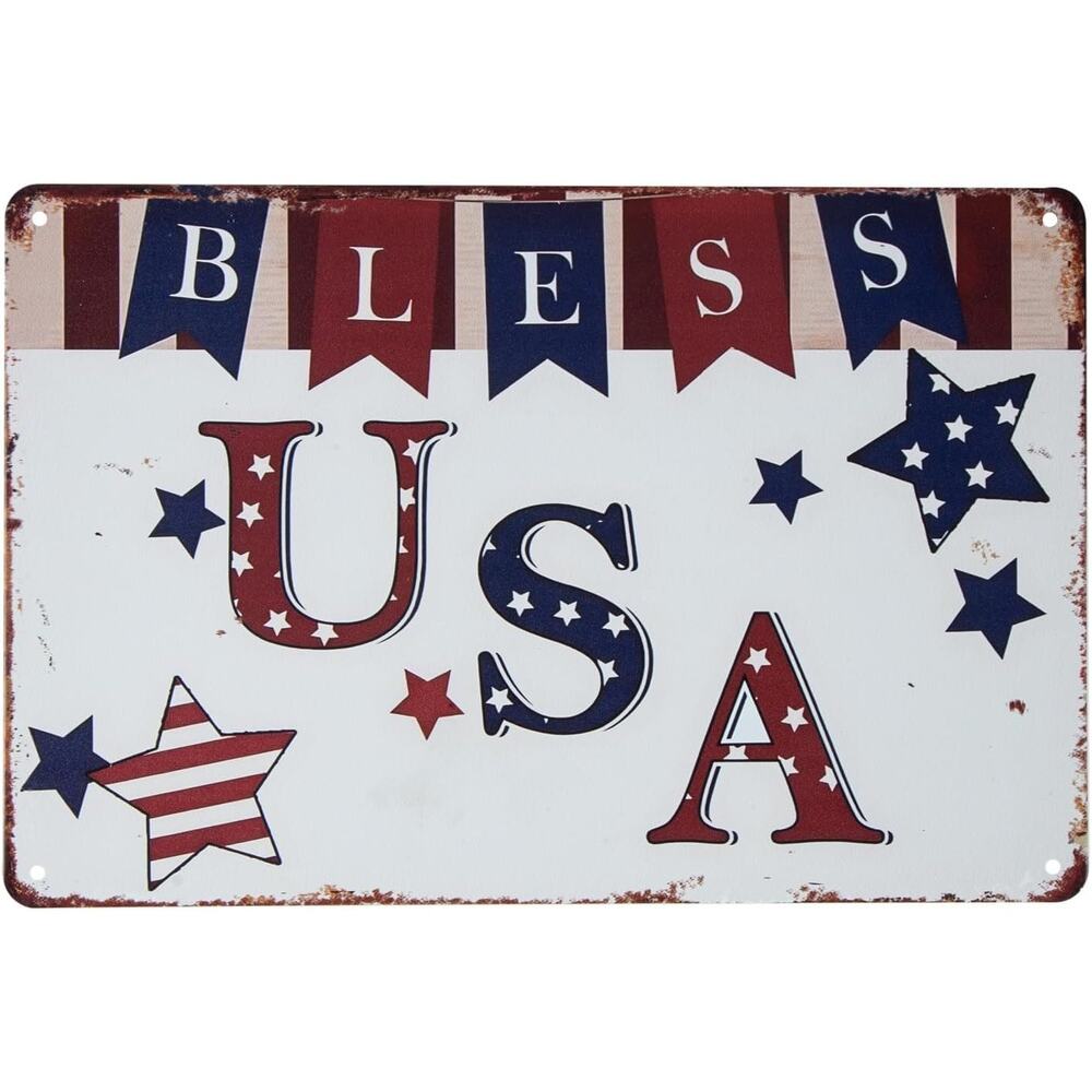 Bless USA Vintage Metal Tin Sign Patriotic Wall Decor 8x12